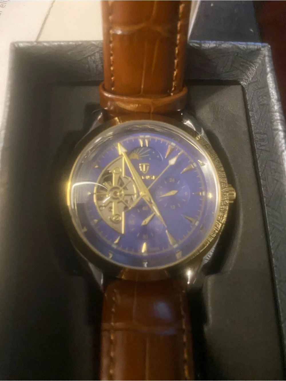 New Blue Dial Gold-Tone Skeleton Accent Watch with Brown Leather Strap